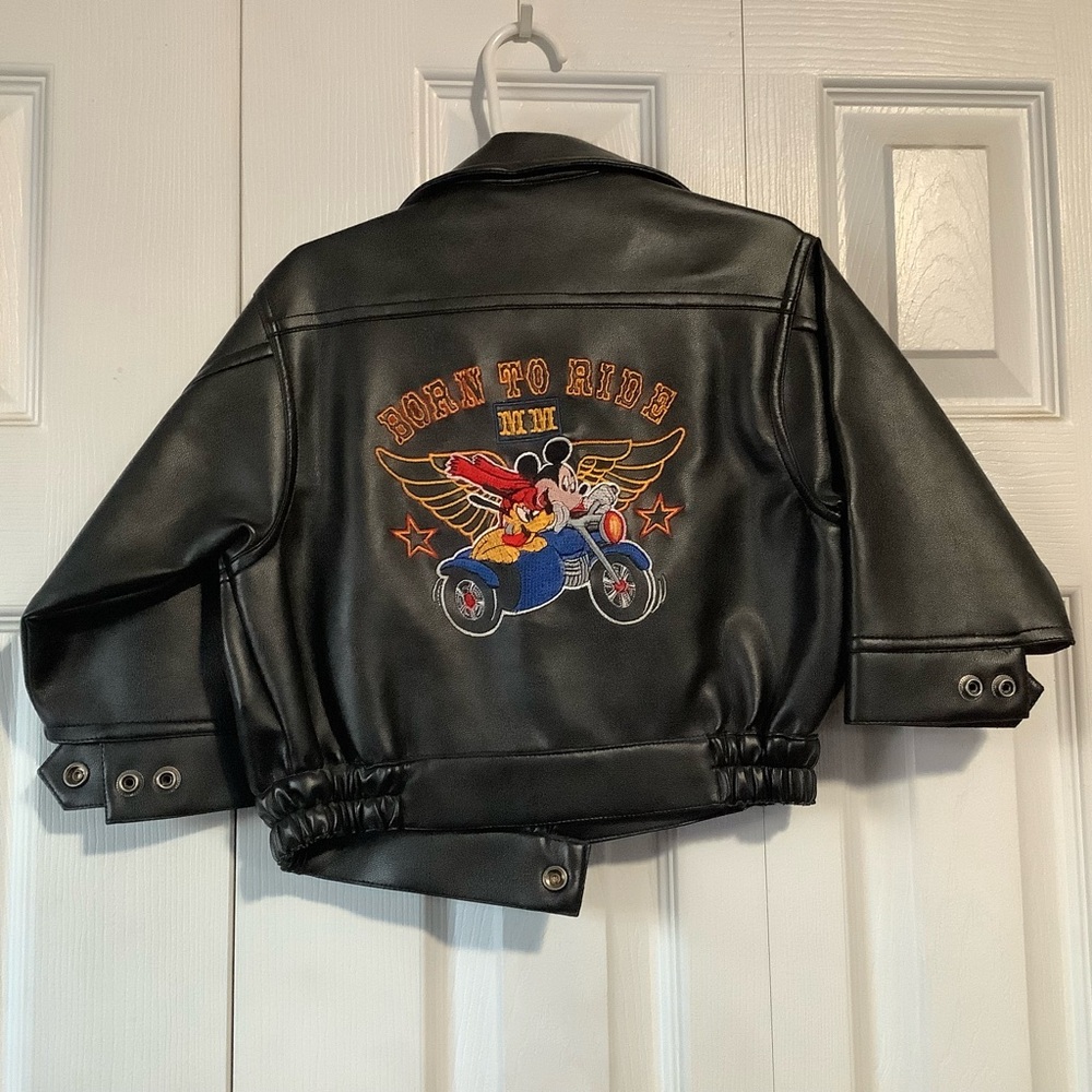 Mickey Mouse black faux leather moto jacket. 3T